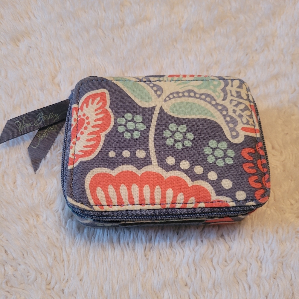 Vera Bradley Navy Quilted Floral Zip Pill Case with Coral & Mint Accents
